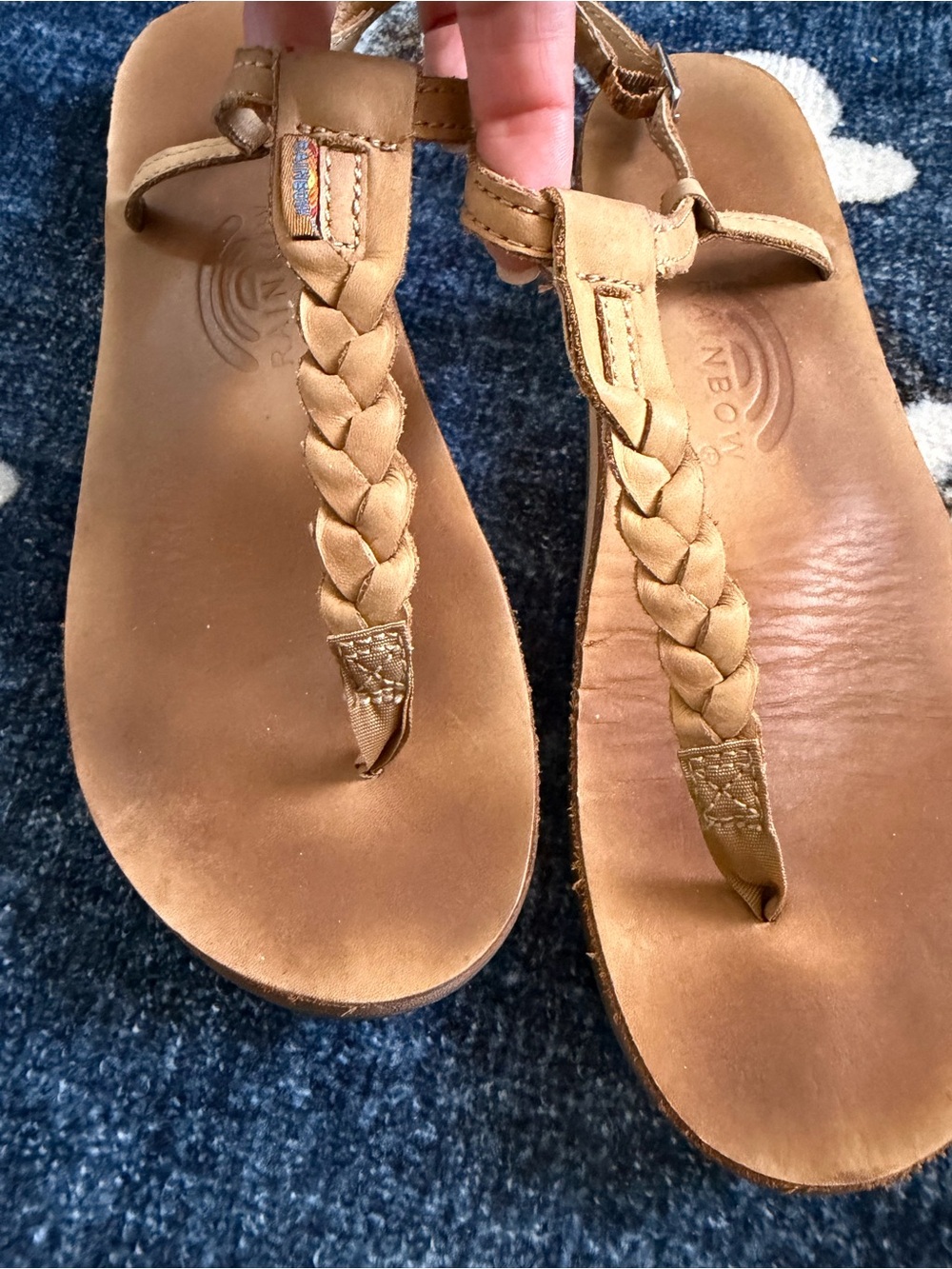 Y2K Rainbow Braided Tan Leather T-Strap Sandals L/8.5-9